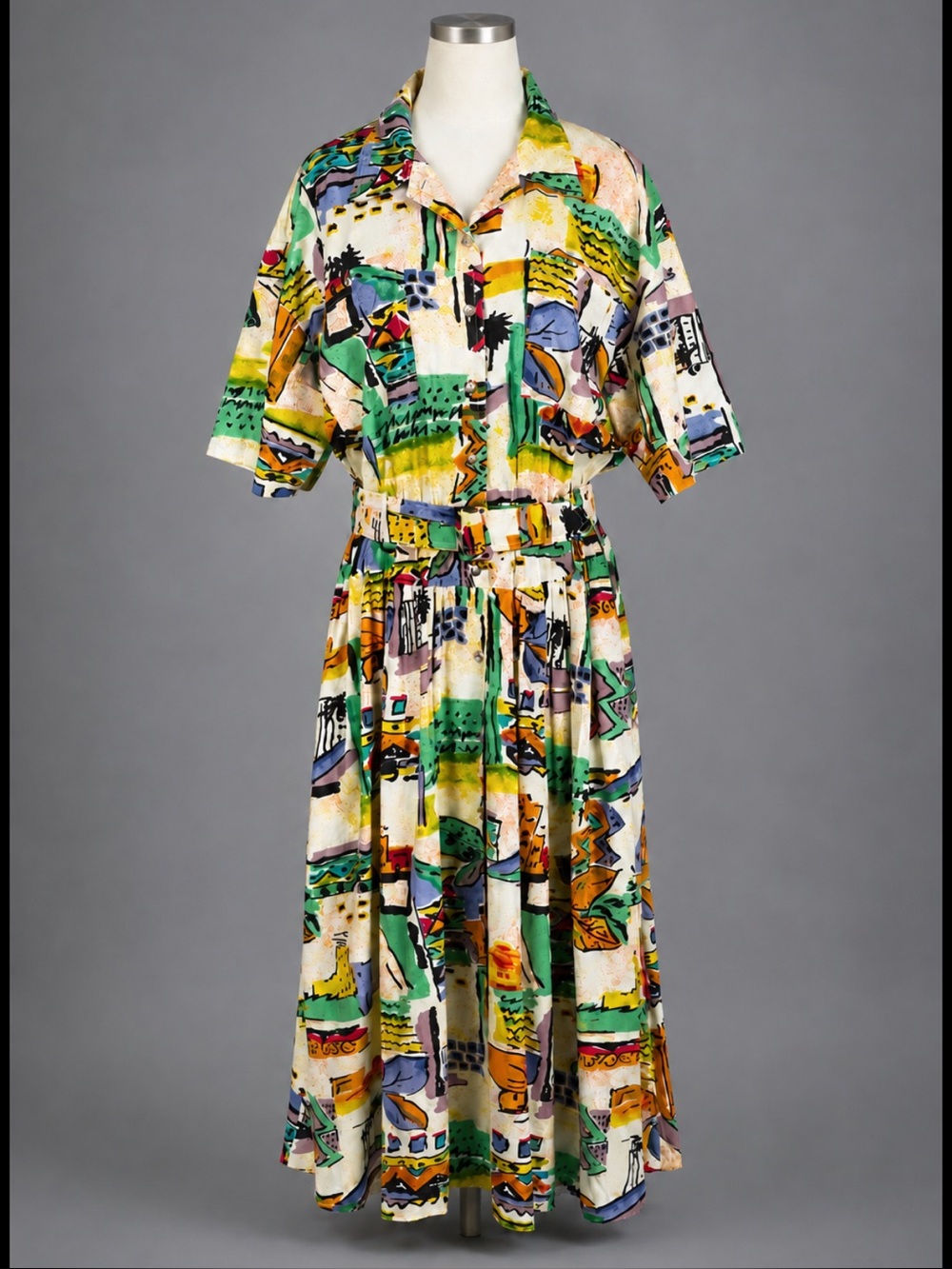 Vintage 80s Together! Abstract Cotton Belted Midi Dress Size 12